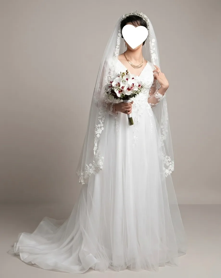 Custom A-line tulle wedding dress with lace sleeves and cathedral veil