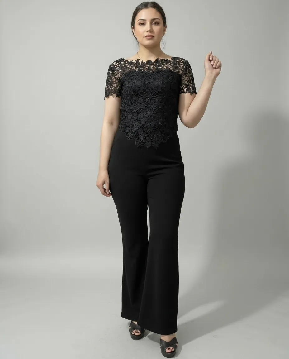 Black guipure lace top with flared trousers