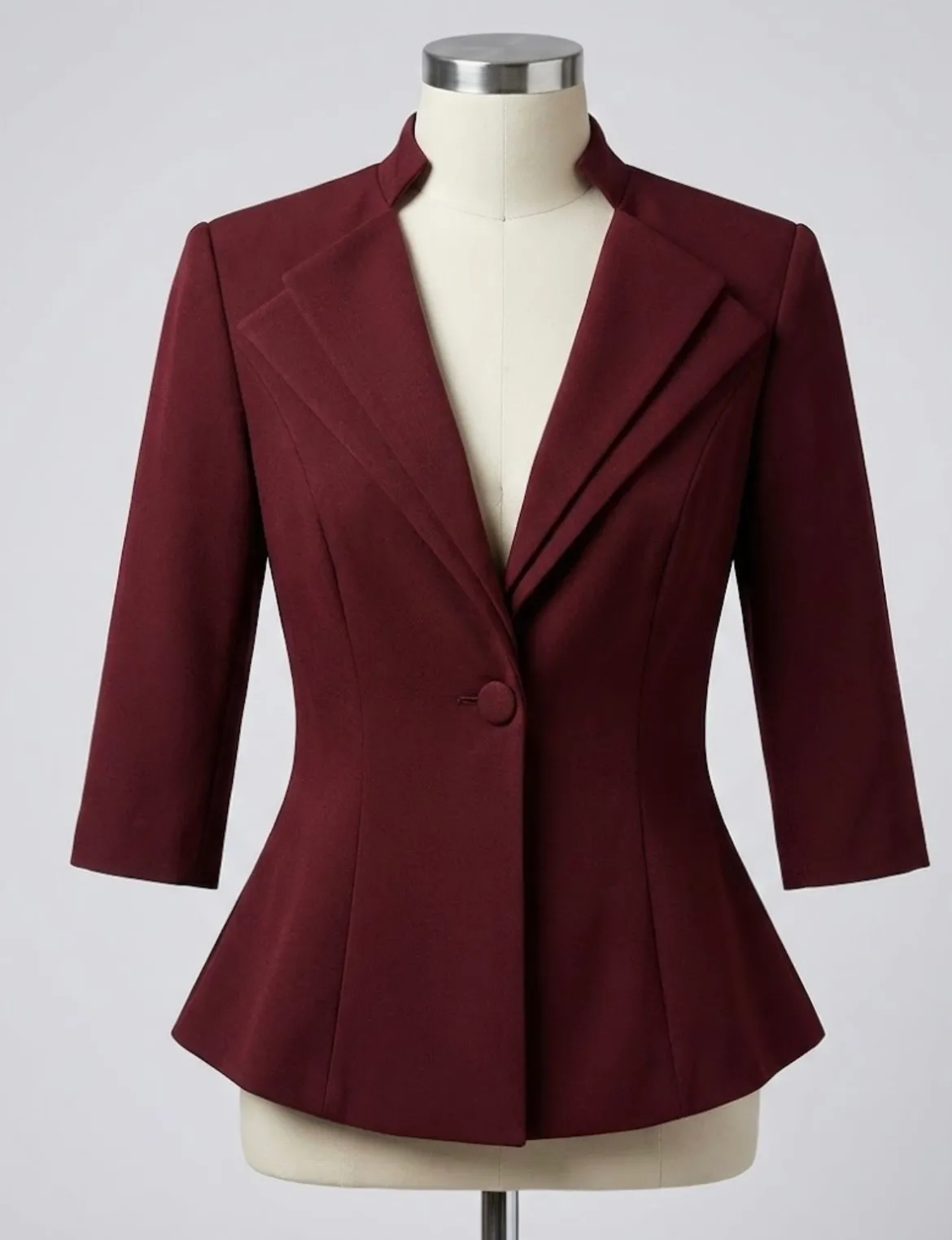 Burgundy tailored peplum blazer with stand collar