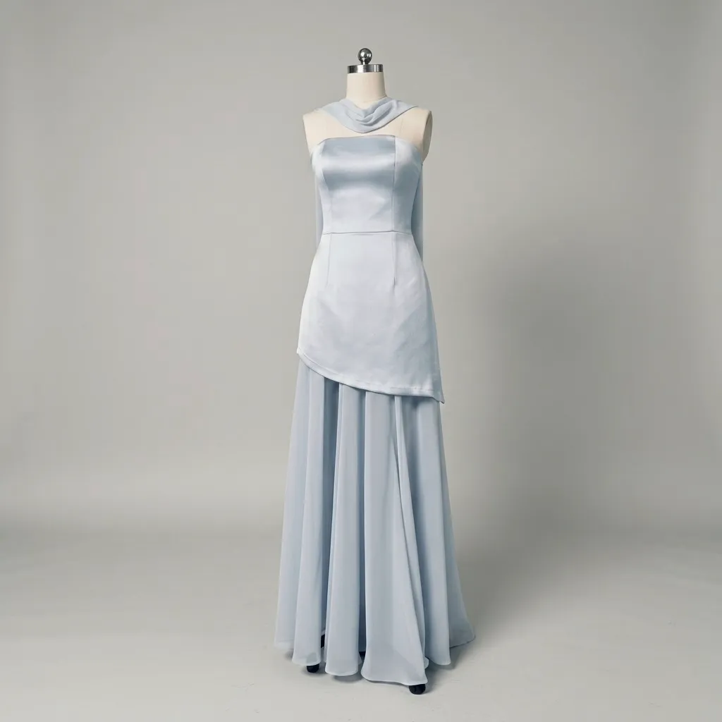 Pale blue satin gown with halter neckline and asymmetric overlay