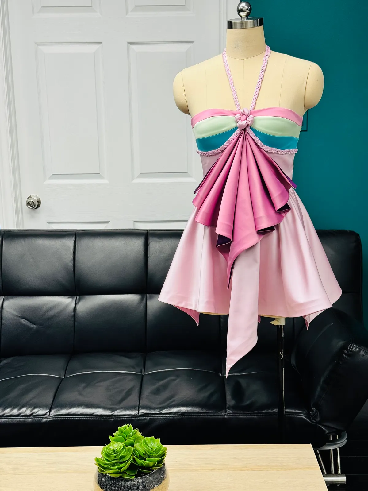 Custom pink halter top with draped satin ruffle and pastel bust bands