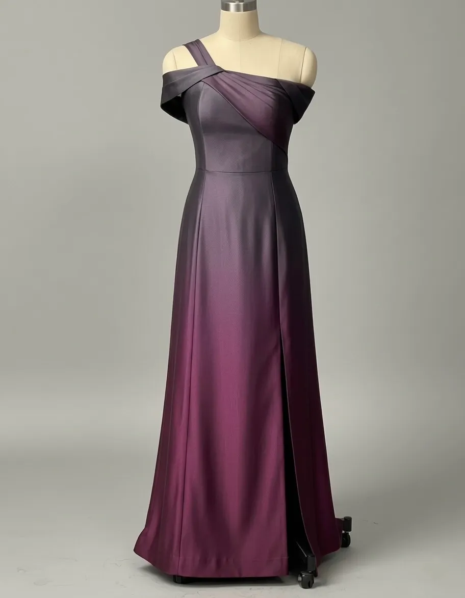 Custom plum ombré off-the-shoulder evening gown with front slit