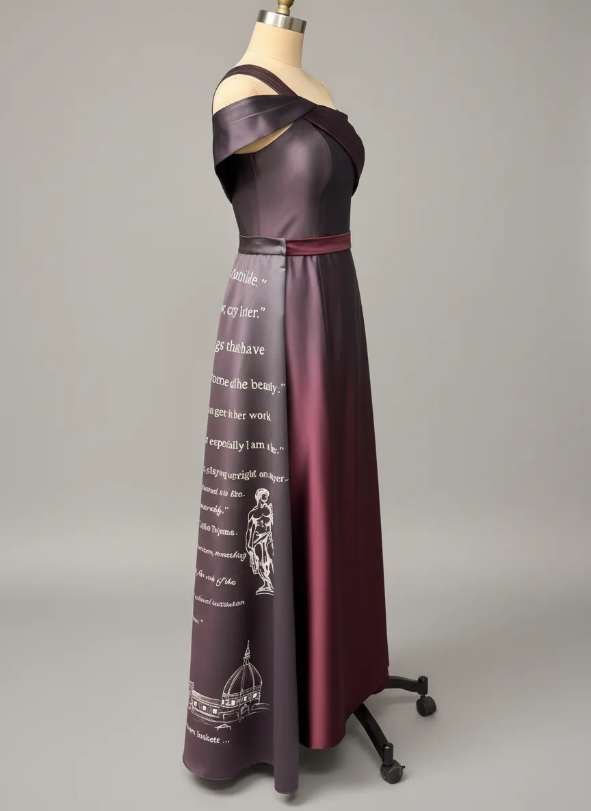 Custom plum evening gown with asymmetric strap and printed skirt, side view on a dress form