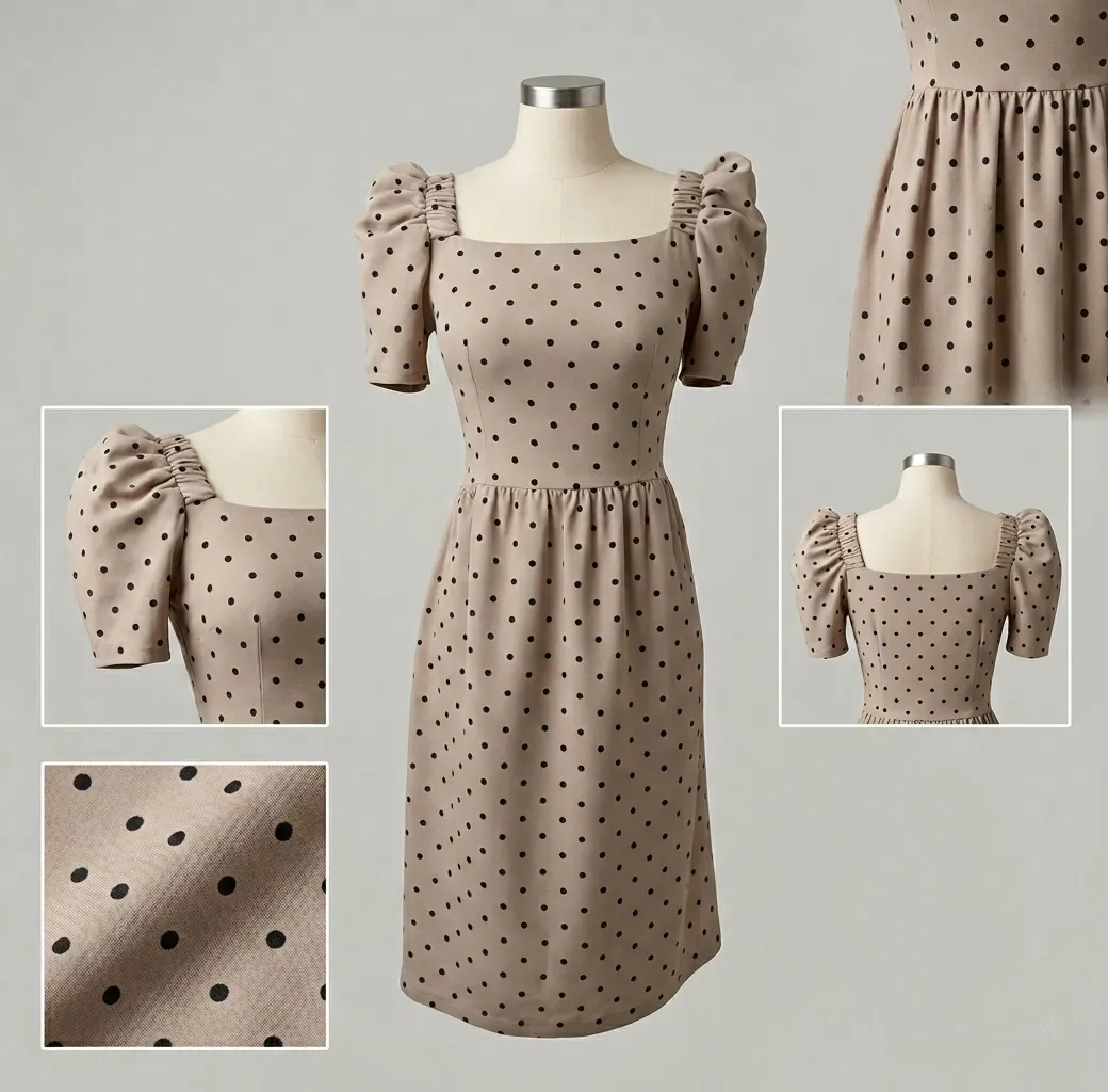 Beige polka-dot dress with puff sleeves and square neckline, with detail views