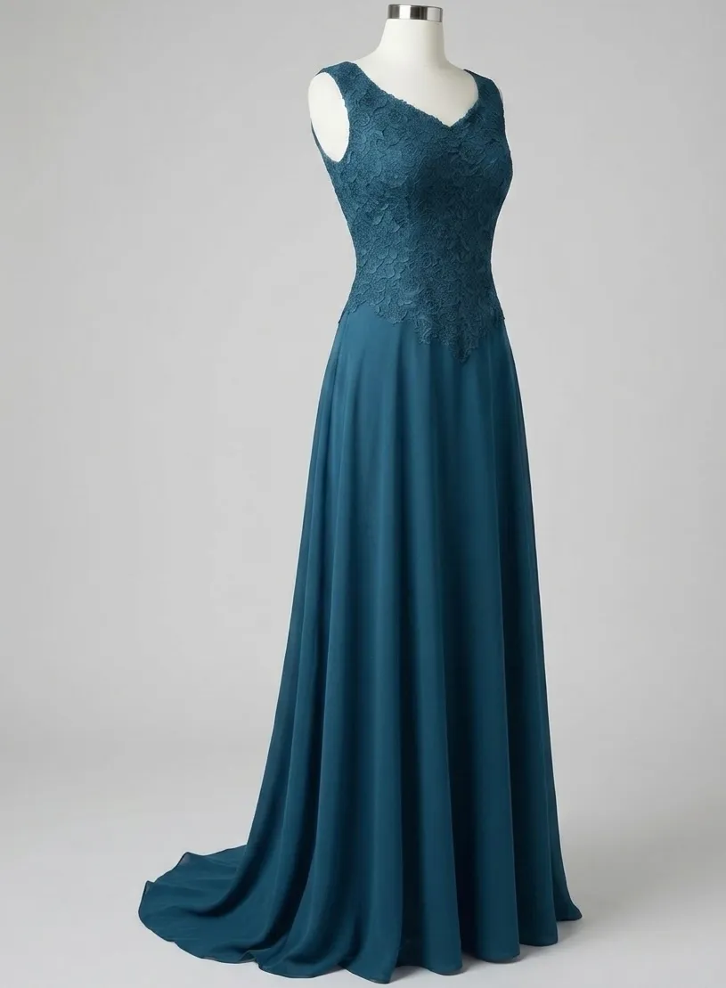 Teal evening gown with lace bodice and flowing chiffon skirt