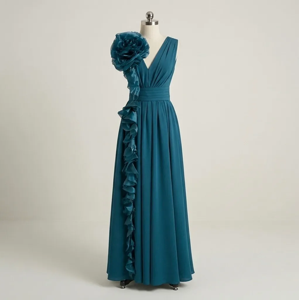 Teal one-shoulder chiffon gown with rosette and ruffle cascade