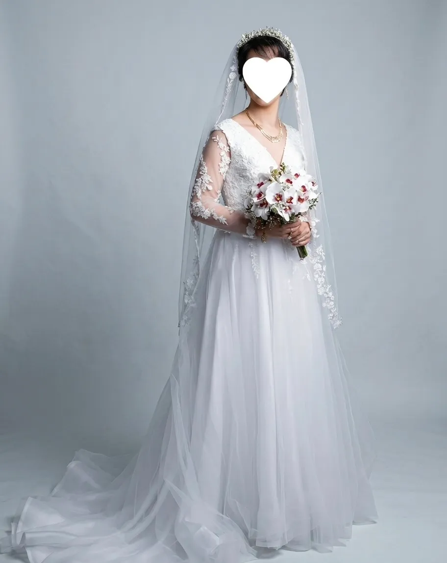 Tulle wedding gown with sheer lace long sleeves and train