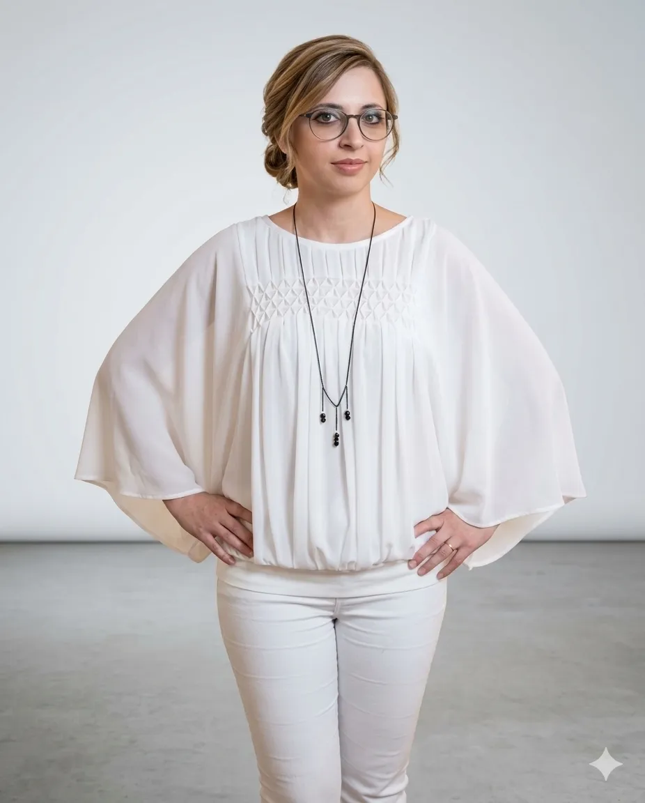 White chiffon batwing blouse with smocked neckline
